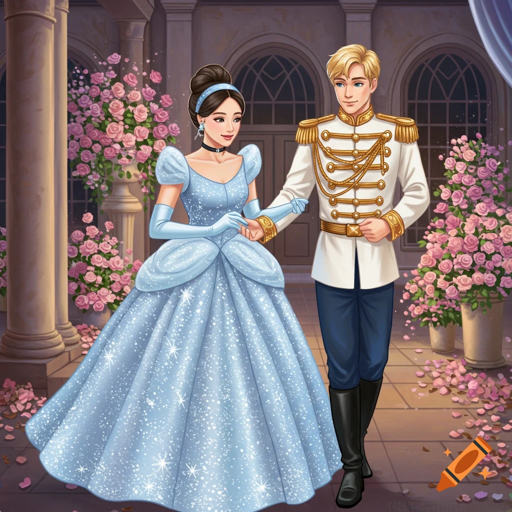 Stylized illustration of a princess in a sparkly blue gown and a prince walking in a rose-filled courtyard.