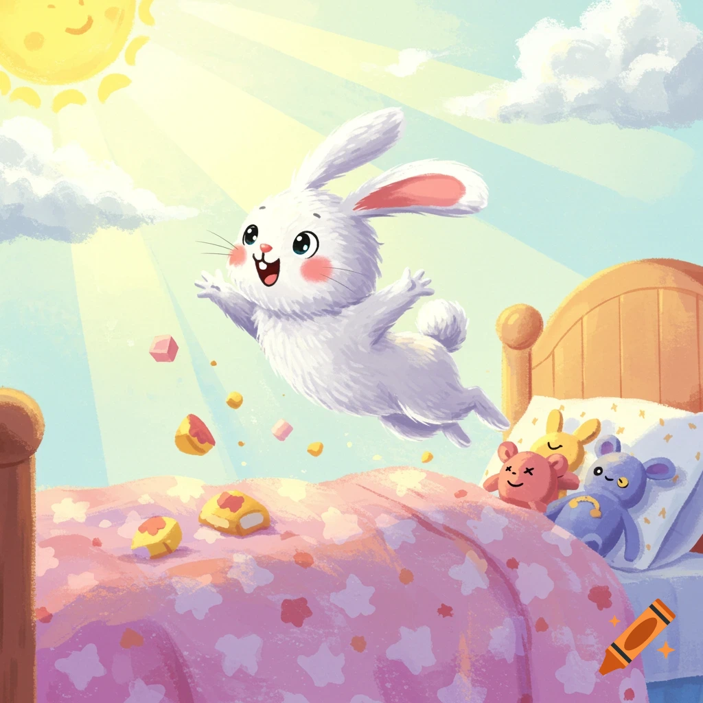 Cartoon illustration of a white rabbit jumping out of bed with stuffed animals and a smiling sun