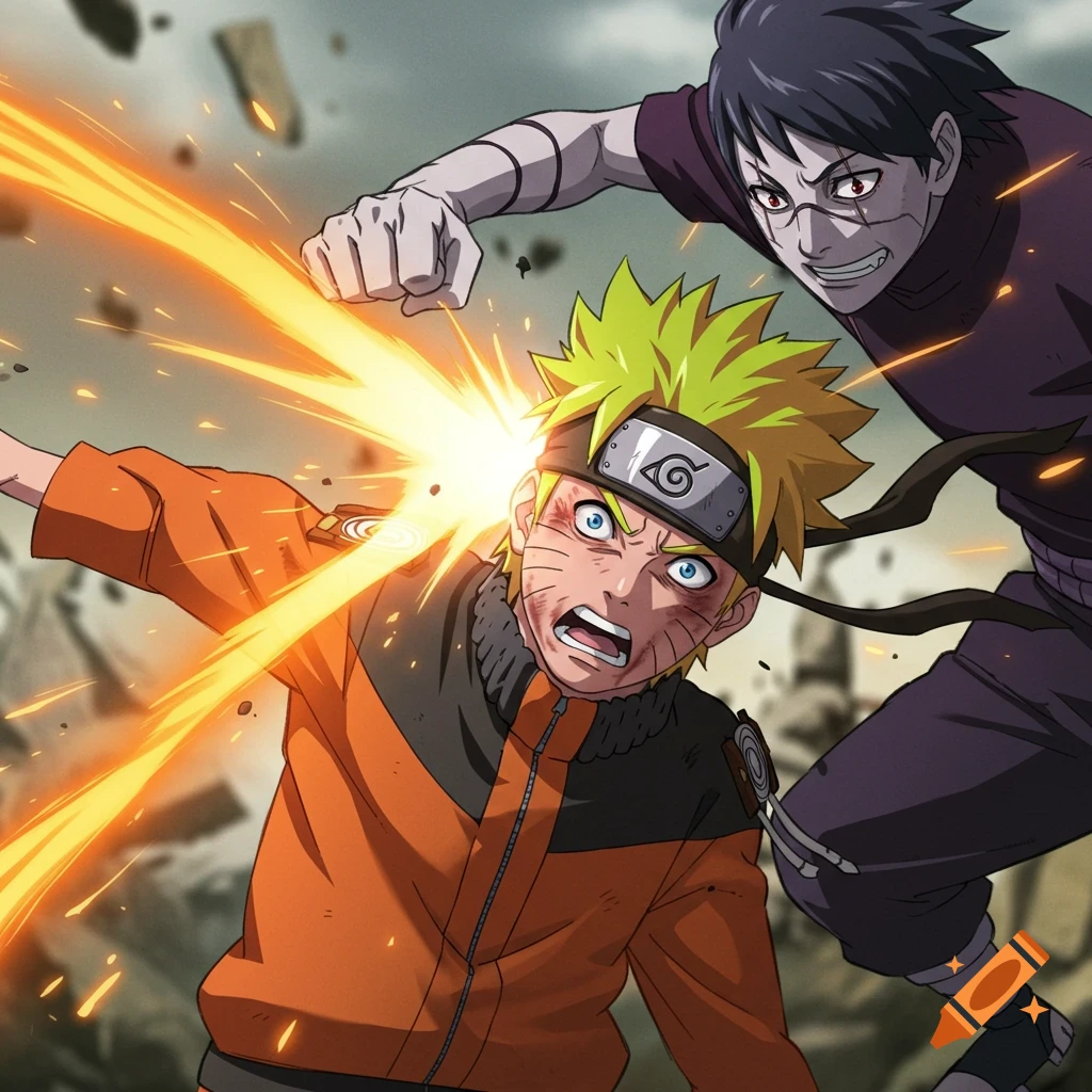Anime characters Naruto and Kabuto fighting with an energy blast impact.