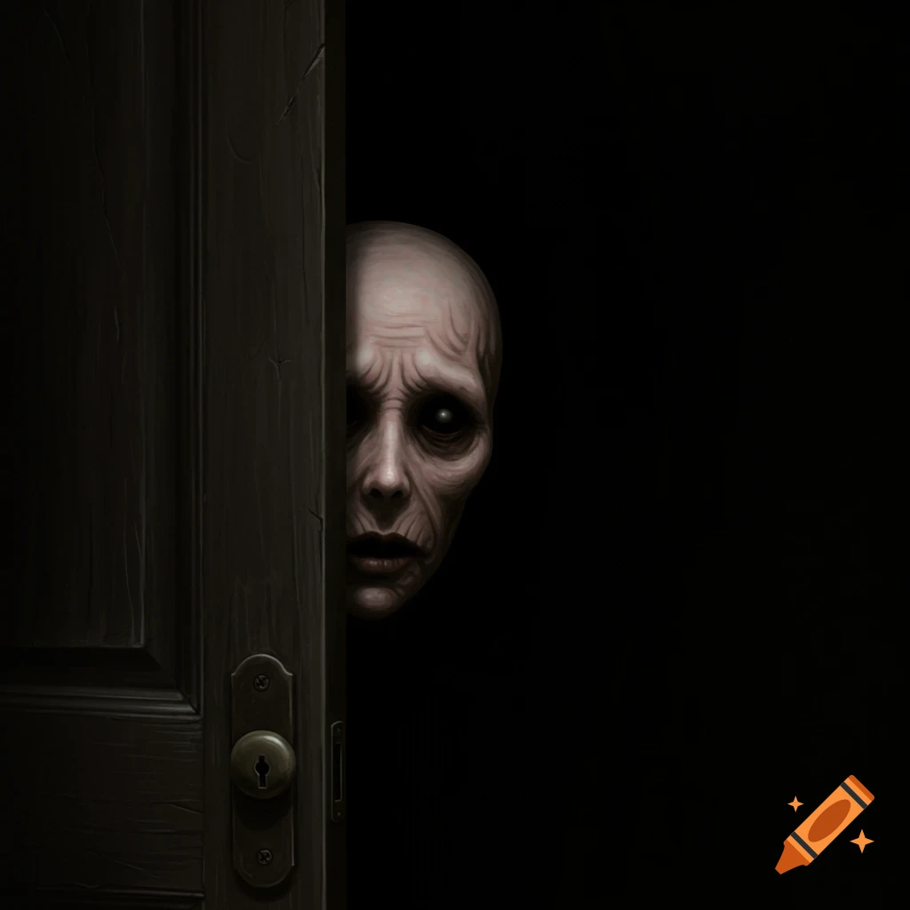 Creepy pale face with sunken black eyes peering around a dark wooden door. Digital illustration.