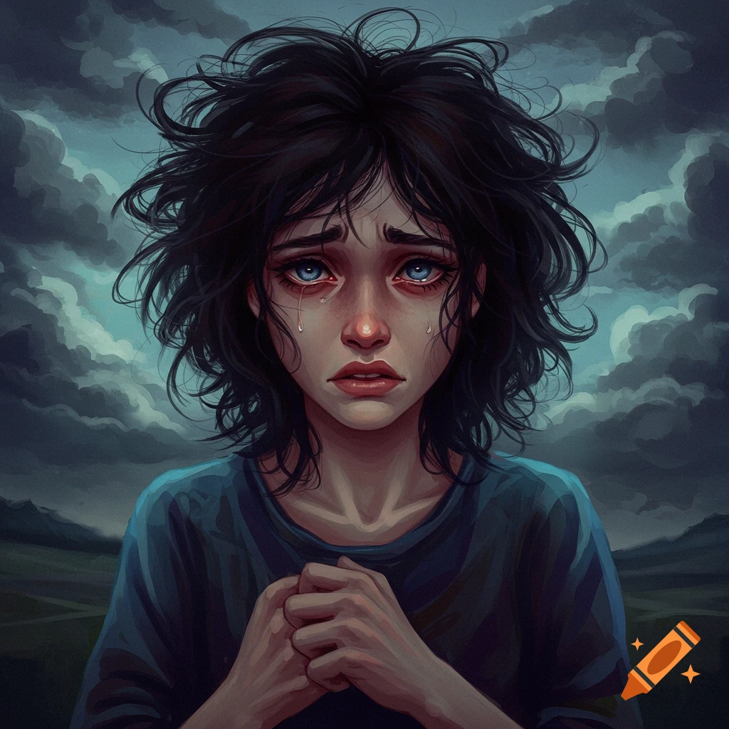 A young person crying under a stormy sky.