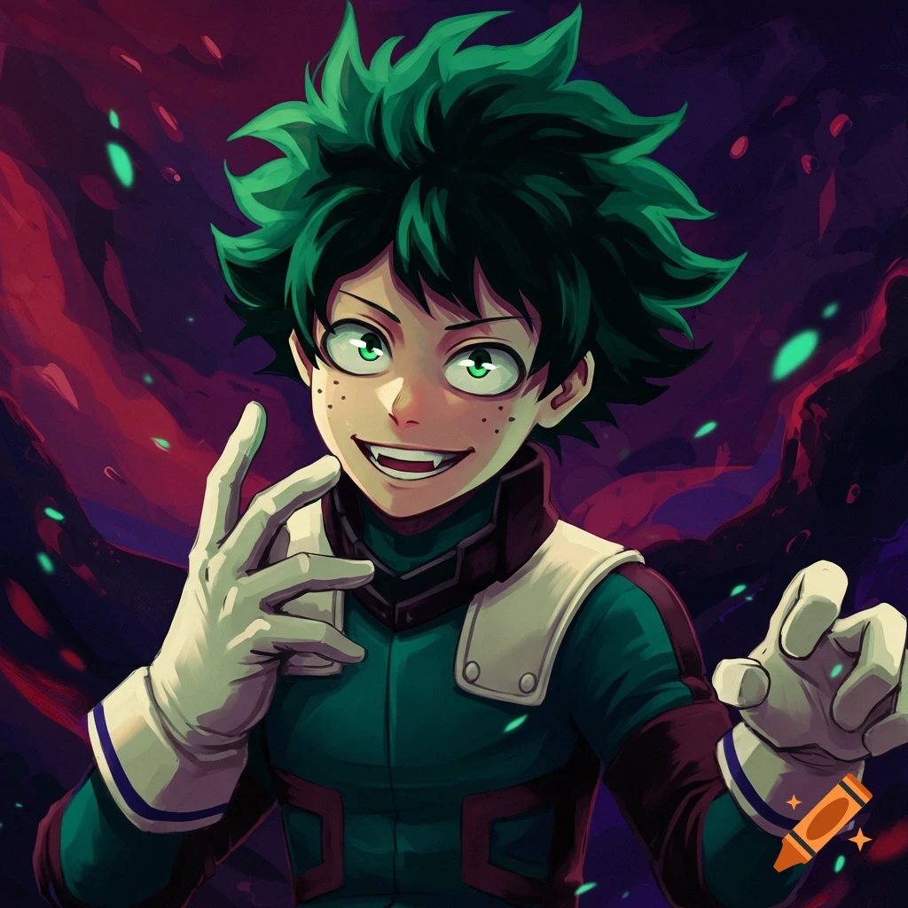 Anime illustration of Izuku Midoriya with fangs and creepy grin, posing.