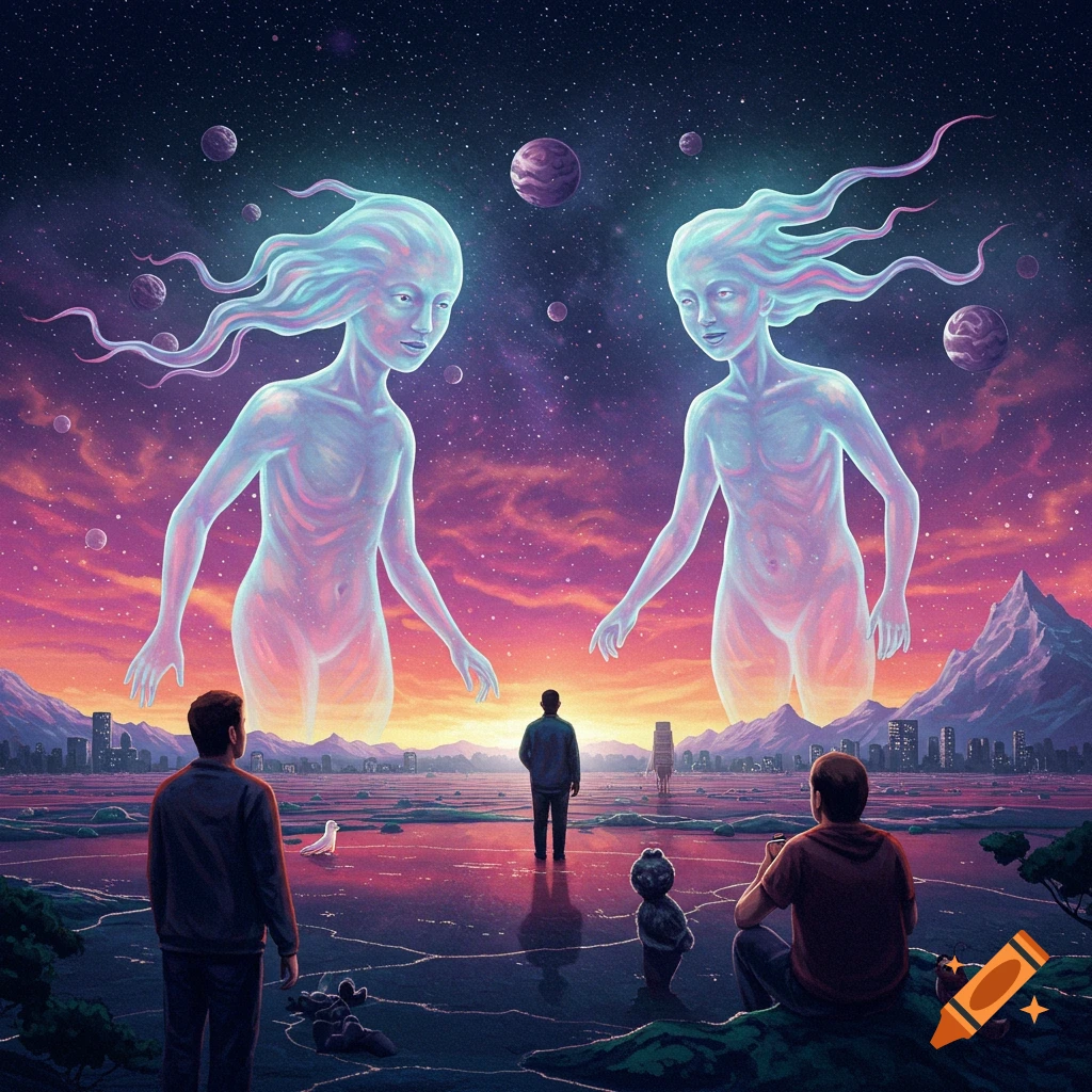 Surreal scene of large luminous humanoid figures over a landscape with city and small human figures looking up.