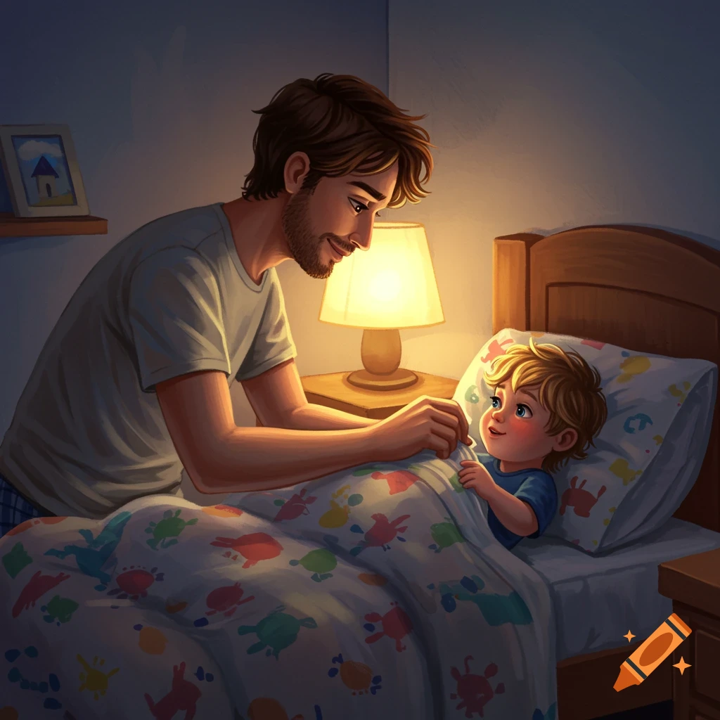 Illustration of a father tucking his young son into bed at night.
