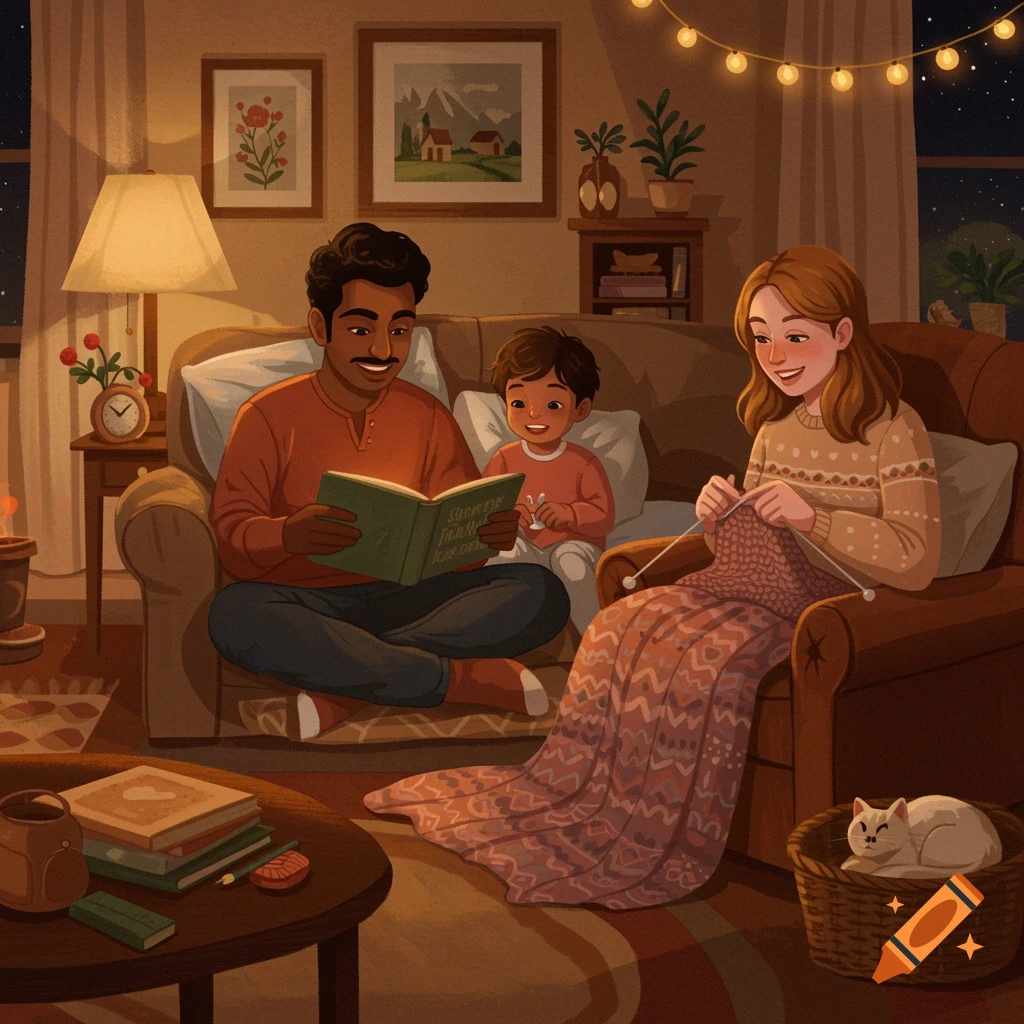 Illustration of a cozy family reading and knitting in a living room with a cat.