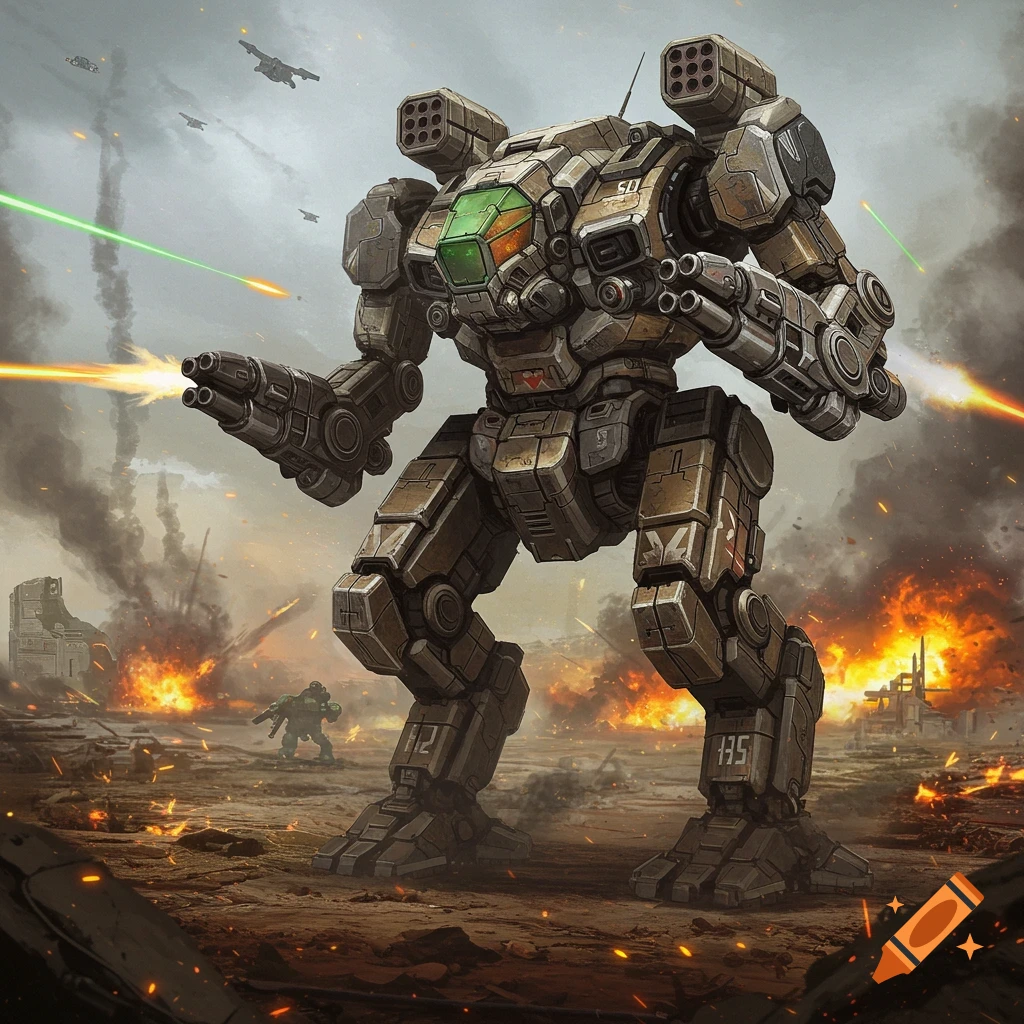 Large combat robot firing weapons in a fiery battlefield.