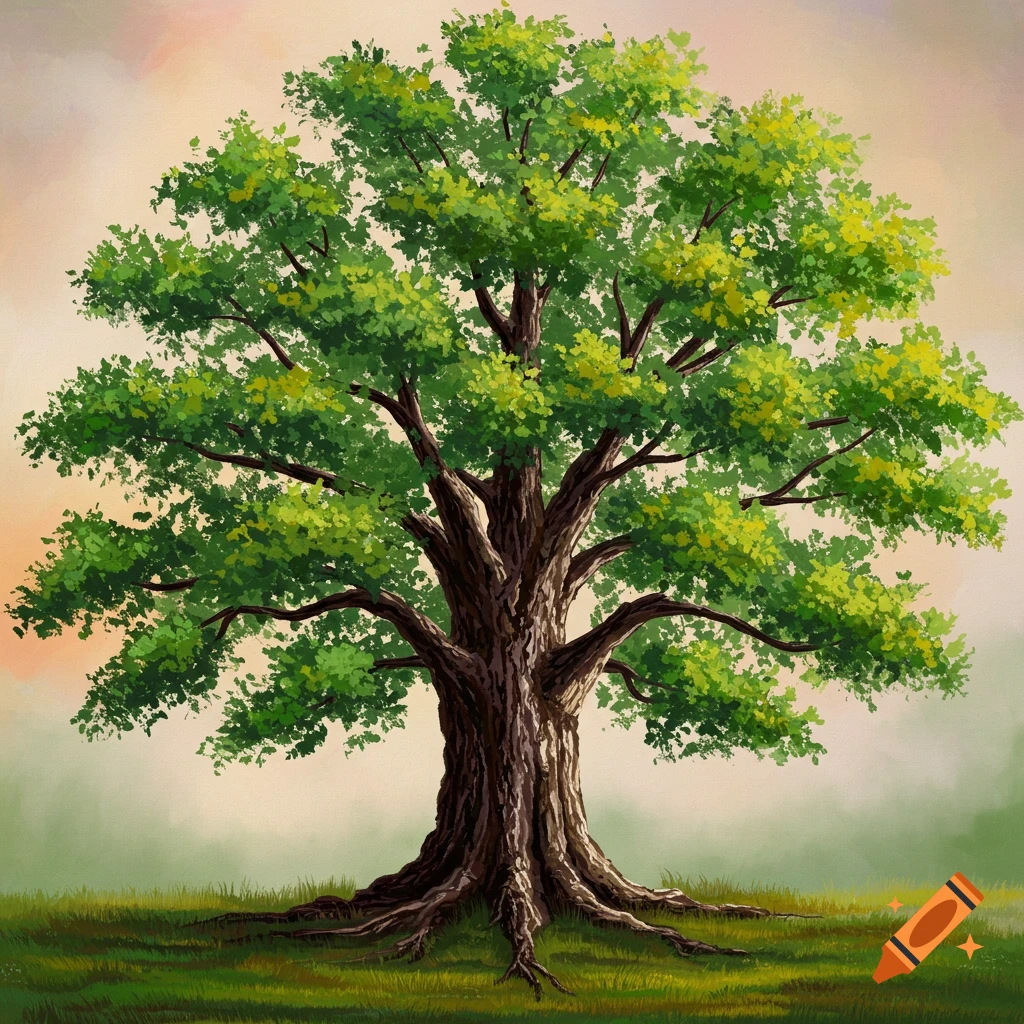 A painting of a large tree in a grassy field under a colorful sky.