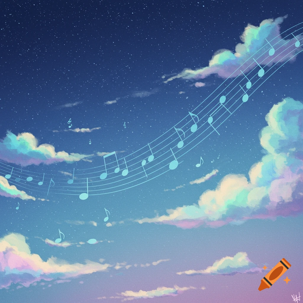 A curved musical staff with glowing notes floats across a starry night sky with colorful clouds.