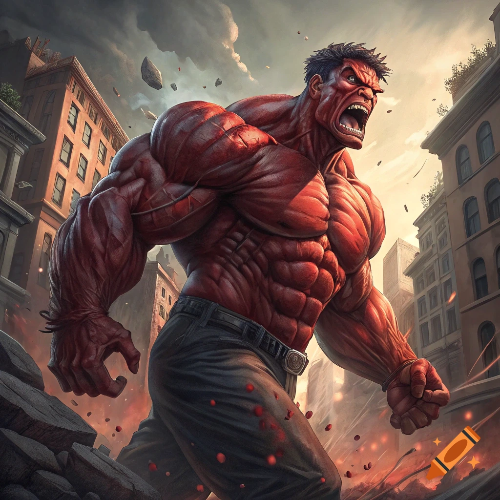 Red Hulk standing in a destroyed city street, yelling