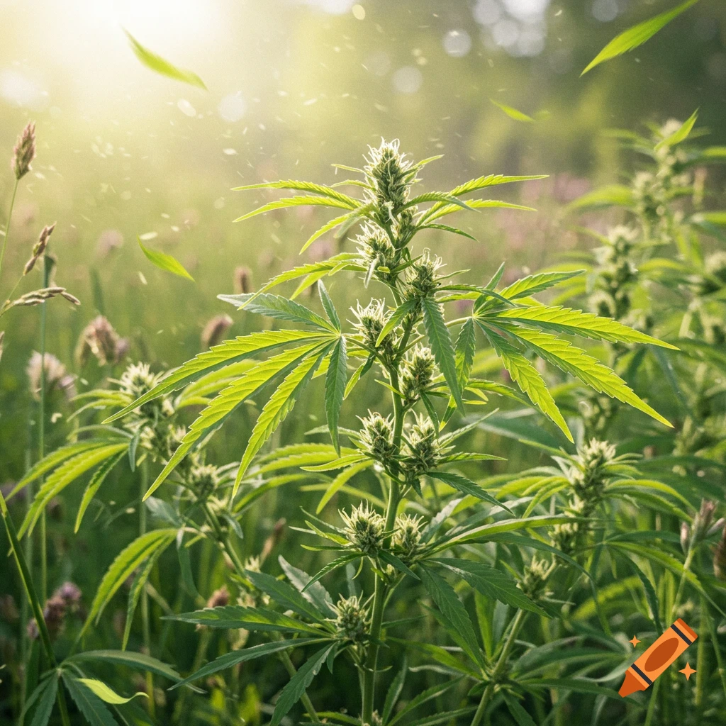 Close up of a cannabis plant with buds in a sunny field.