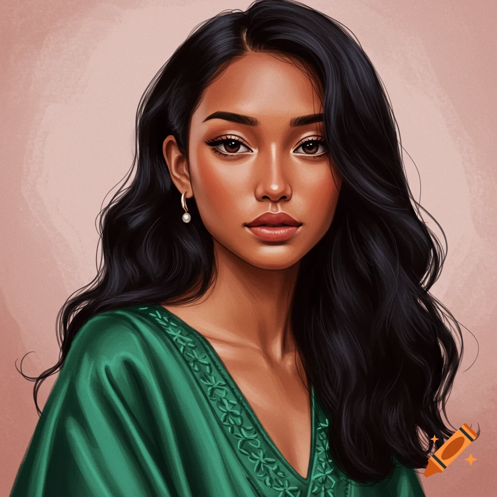 Digital illustration of a woman with long dark hair wearing a green embroidered dress.