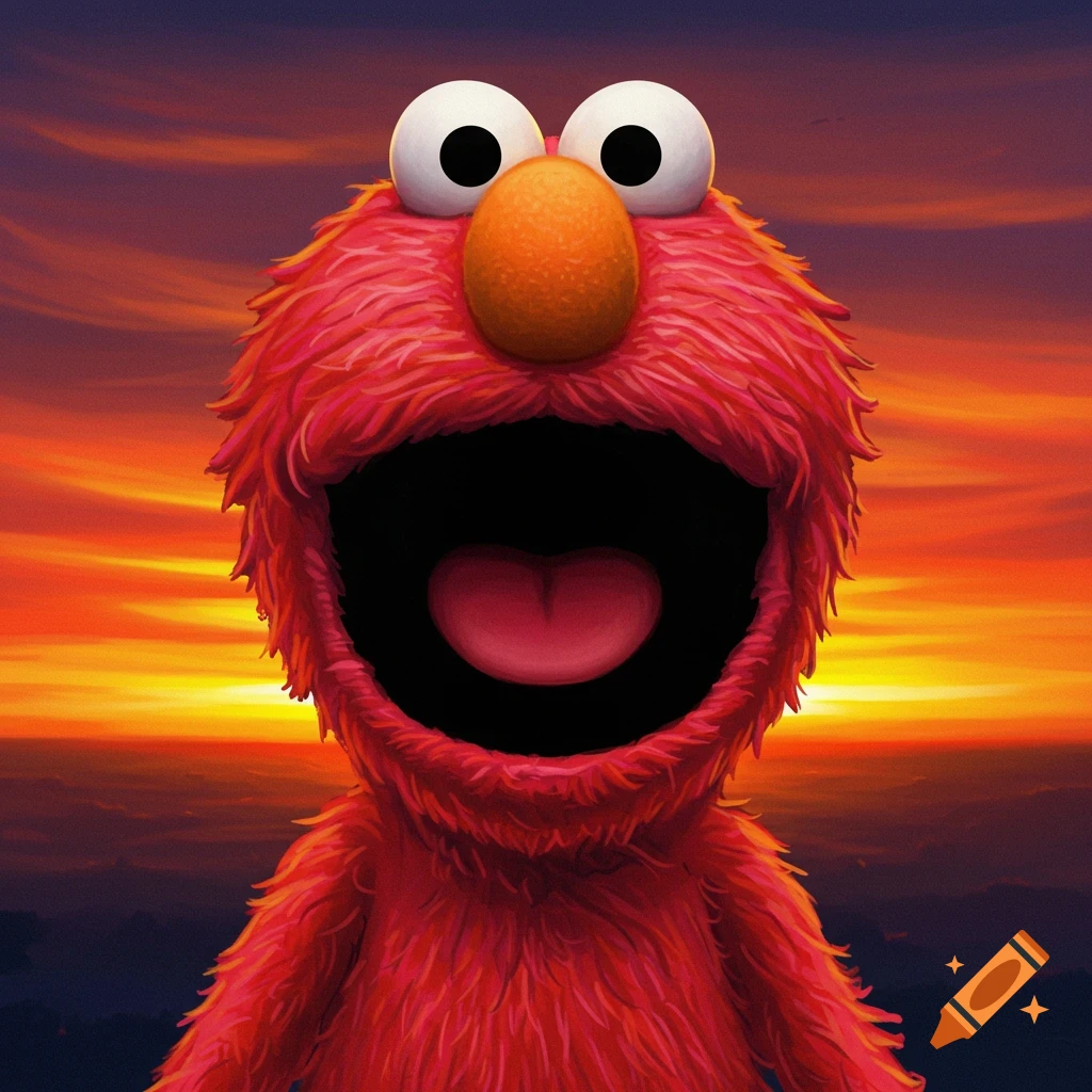 Elmo screaming with his mouth wide open in front of a vibrant sunrise.