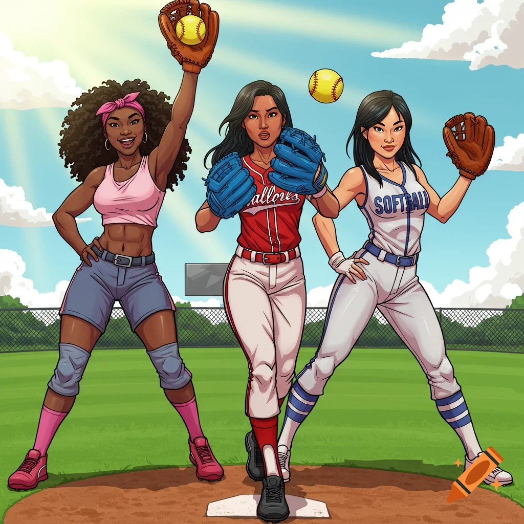 Cartoon illustration of three diverse women in softball uniforms on a baseball field.
