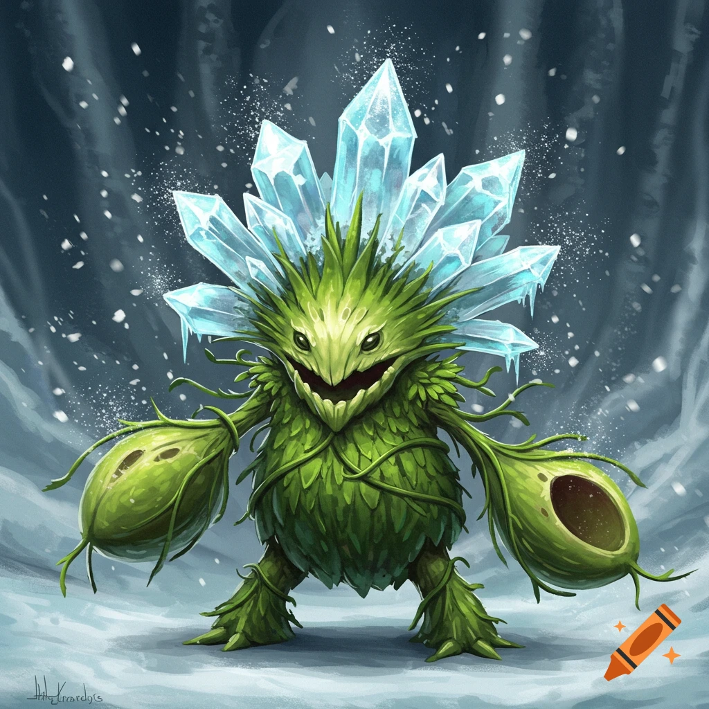 Illustration of a fantasy plant creature with ice crystals on its head and vine arms standing in the snow.