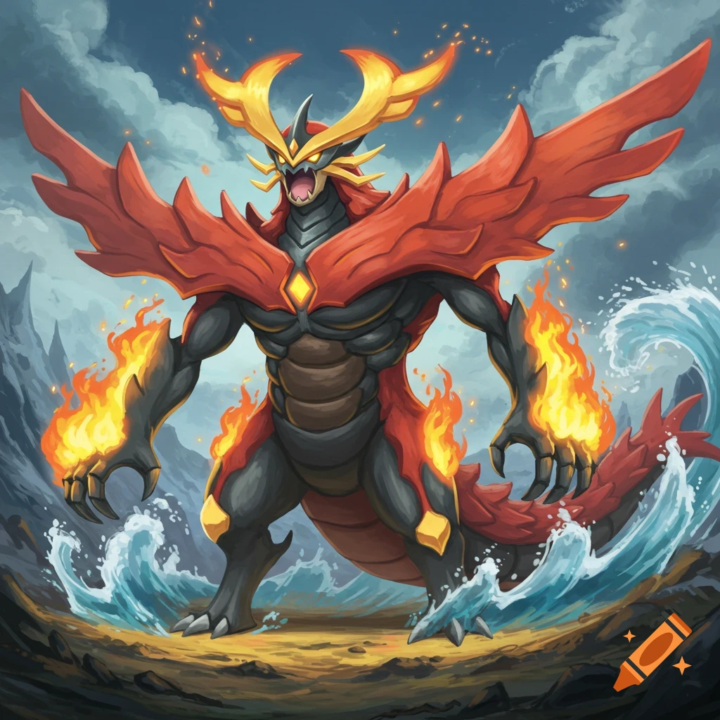 A fierce, dragon-like monster with red wings and fiery hands stands in crashing water.