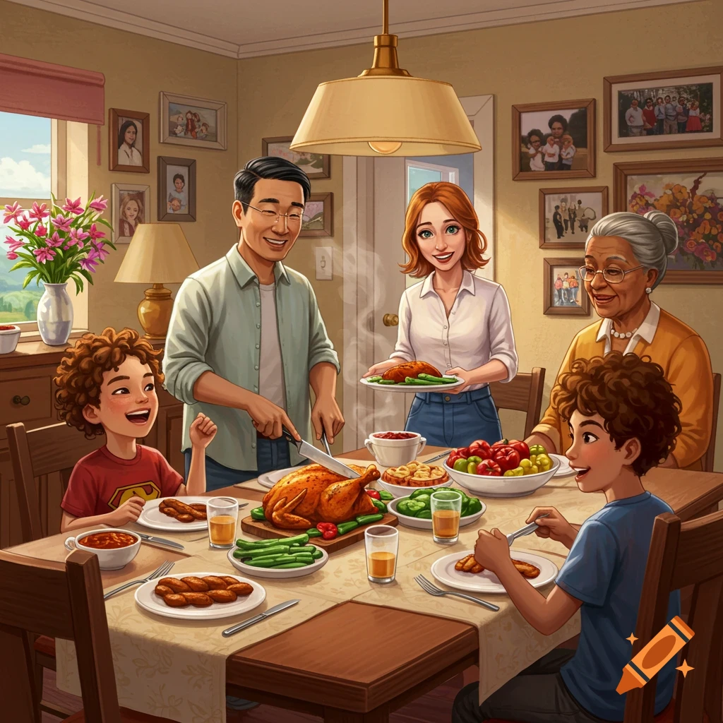 Illustration of a family eating dinner. Father carves chicken, mother serves food, two boys and grandmother sit at the table.