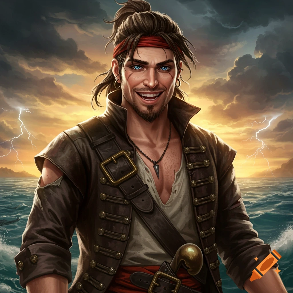 Illustrated portrait of a male pirate against a stormy sky with lightning.