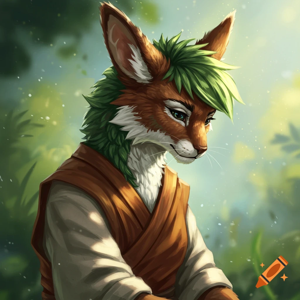 Illustration of a furry fox character in a monk robe in a forest setting.