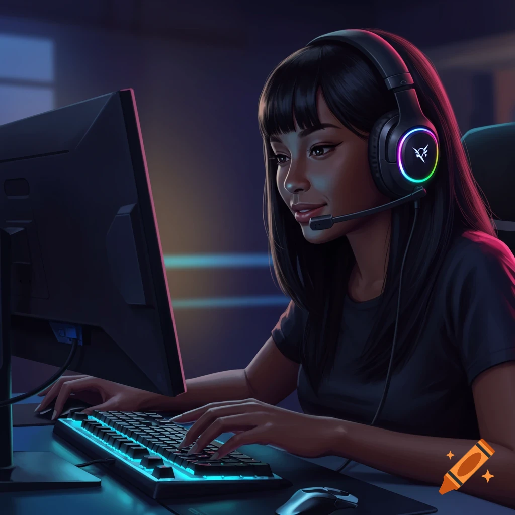 Digital illustration of a young woman gaming at a computer desk with a headset.
