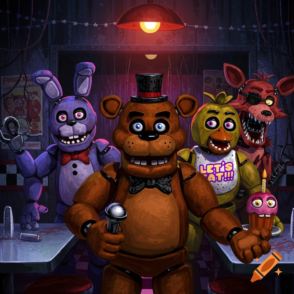 Freddy, Bonnie, Chica, and Foxy standing in a pizza restaurant setting. Freddy holds a microphone, Chica holds a cupcake.