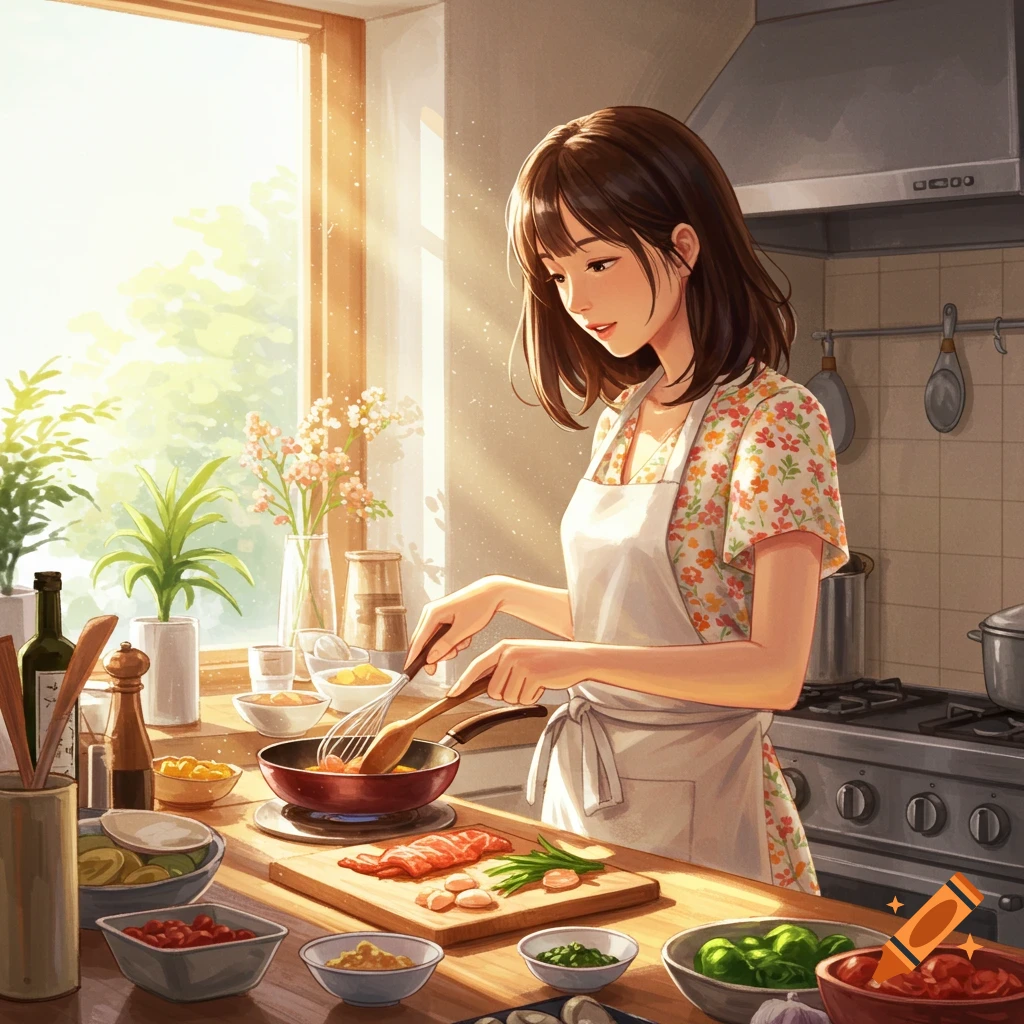An anime-style illustration of a woman cooking in a sunlit kitchen with food prepped on the counter.