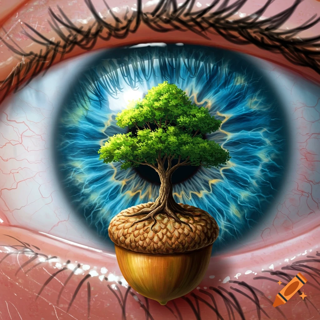 A surreal illustration of a human eye with a small tree growing out of an acorn inside the blue iris.