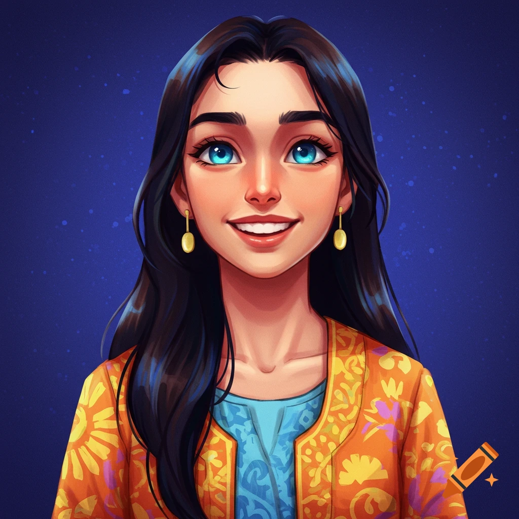 Illustration of a woman with blue eyes and dark hair, wearing an orange patterned jacket over a blue shirt.