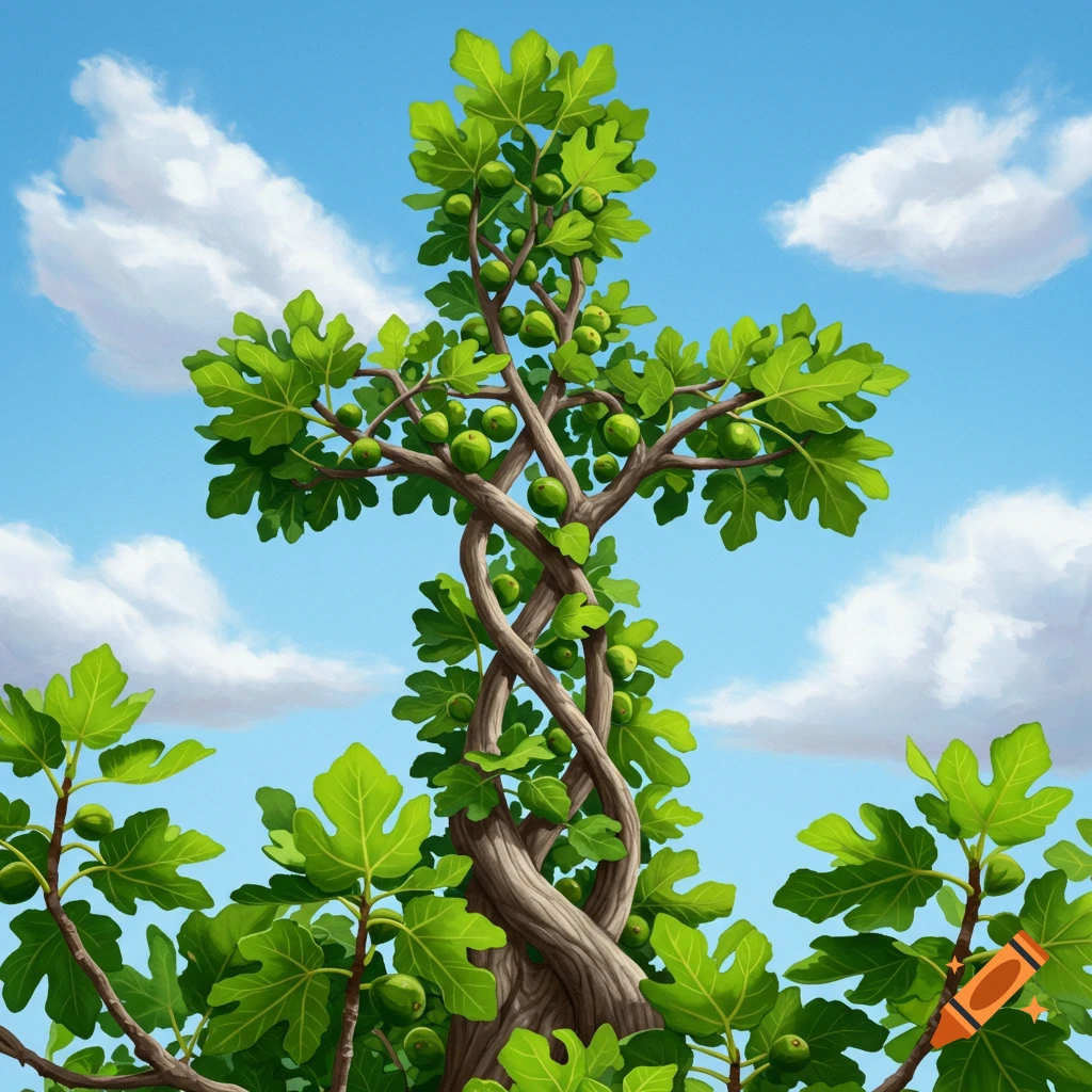 A fig tree shaped like a cross stands against a blue sky with clouds.