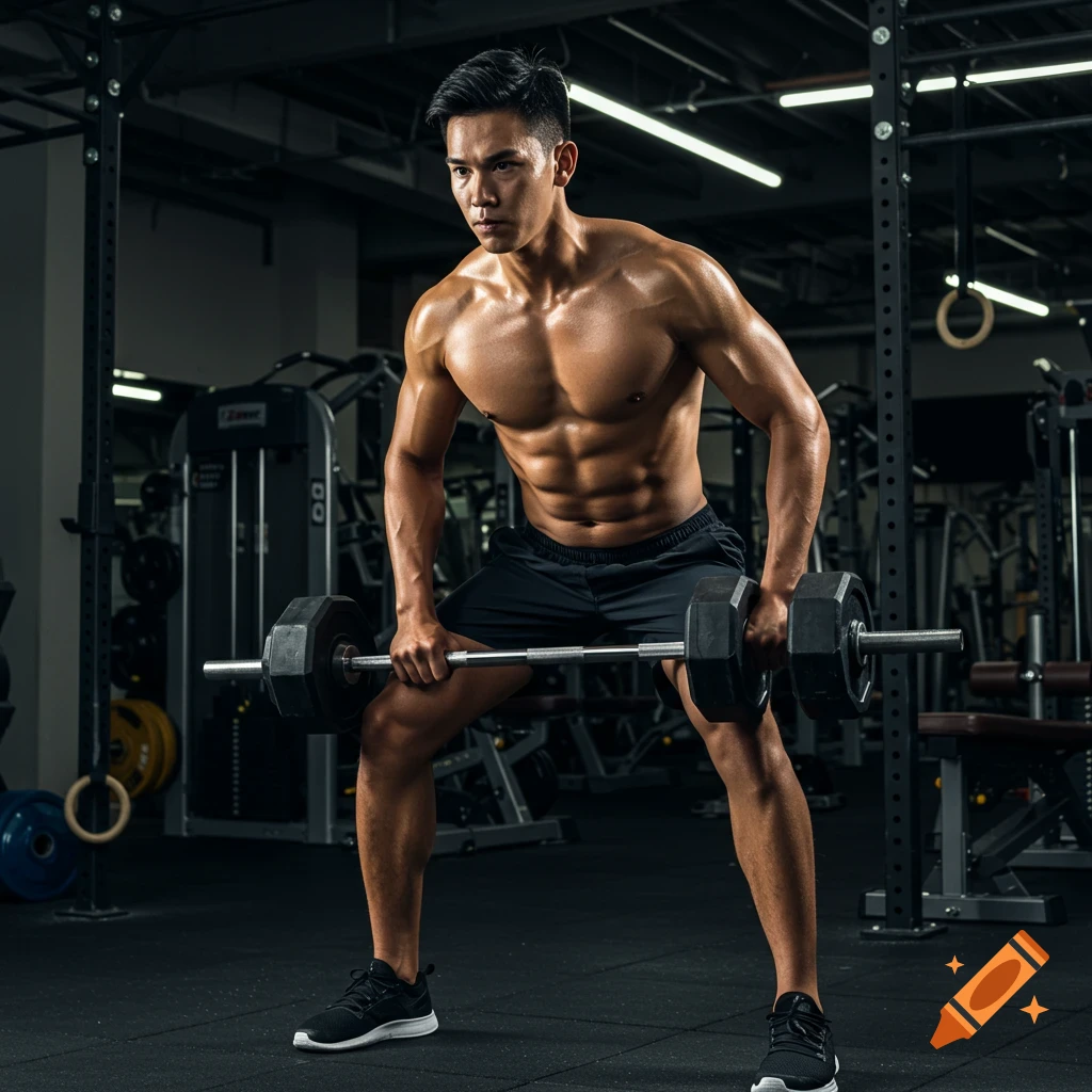 A muscular man lifts a barbell in a gym.