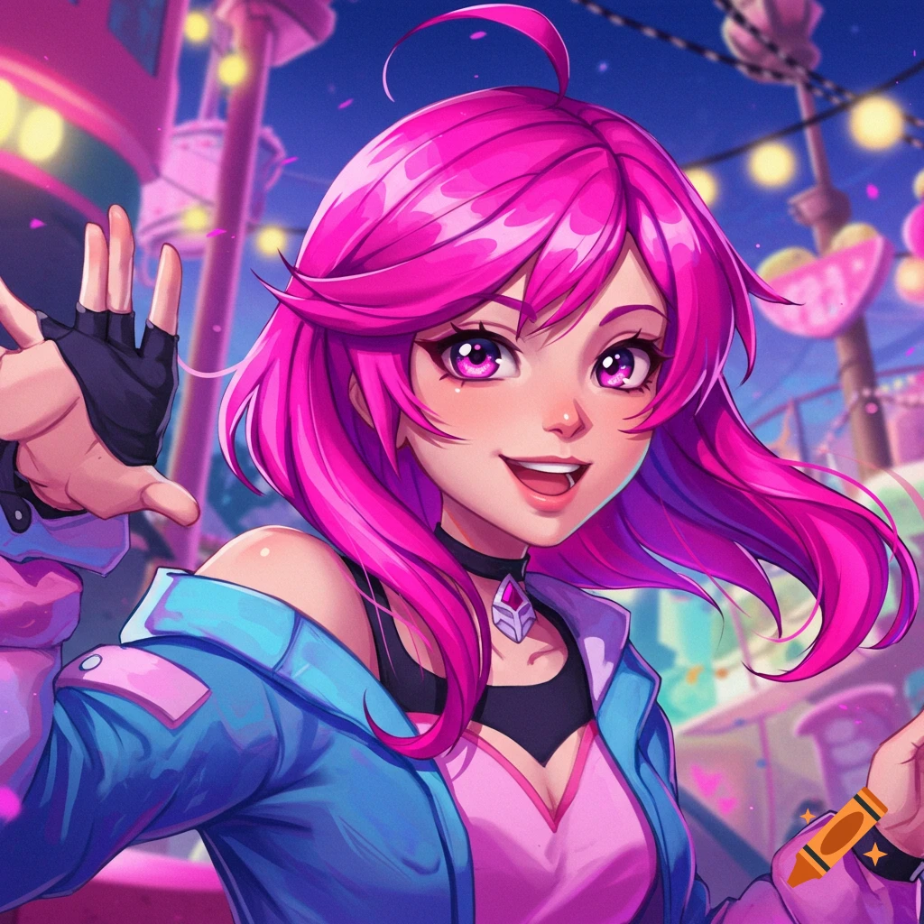 An anime portrait of a smiling girl with pink hair in a city street.
