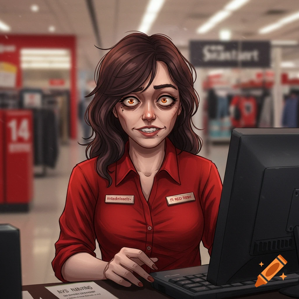 Stylized cartoon woman with large orange eyes and strained smile working at a computer in a department store.