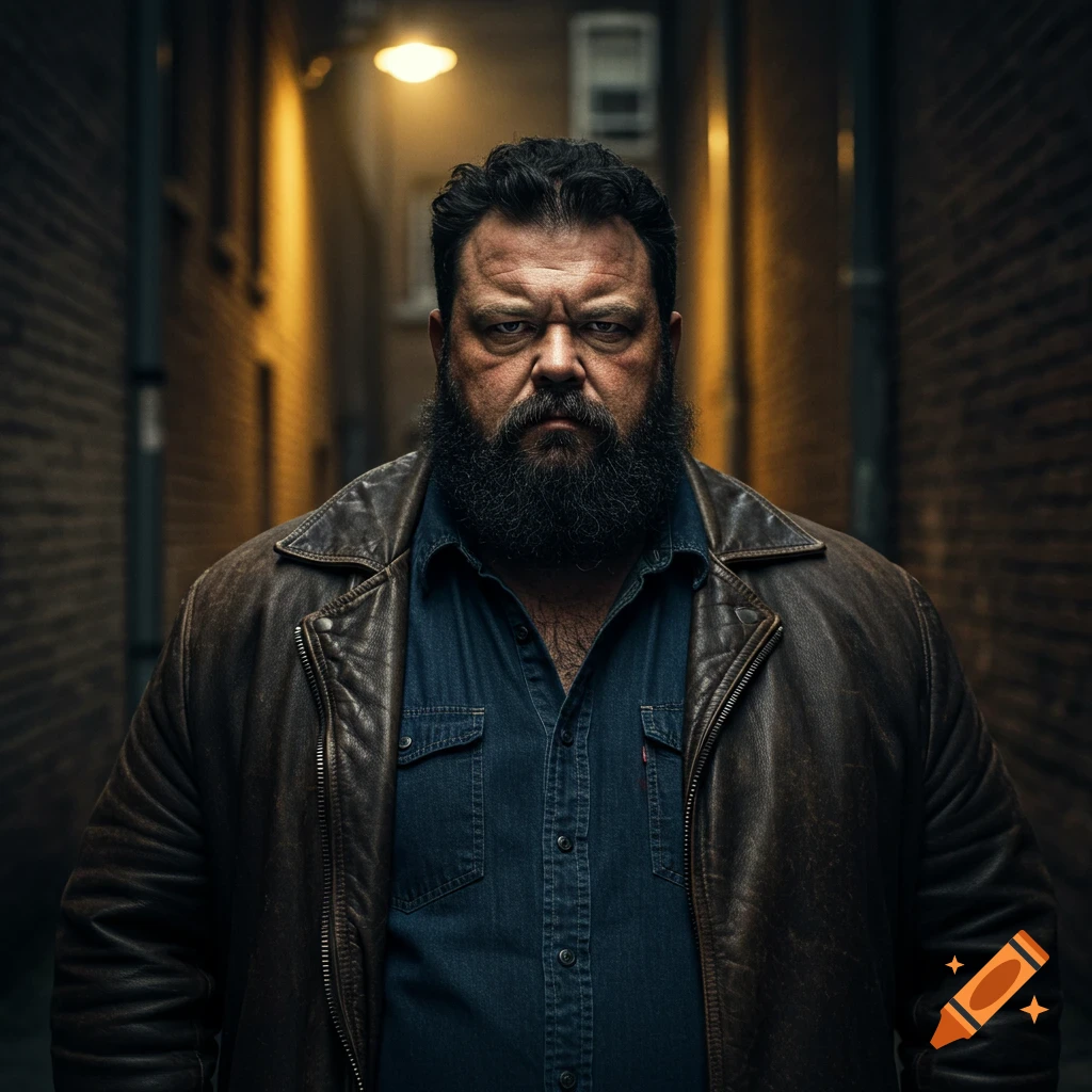 A gruff man with a beard wears a leather jacket in a dark alley.