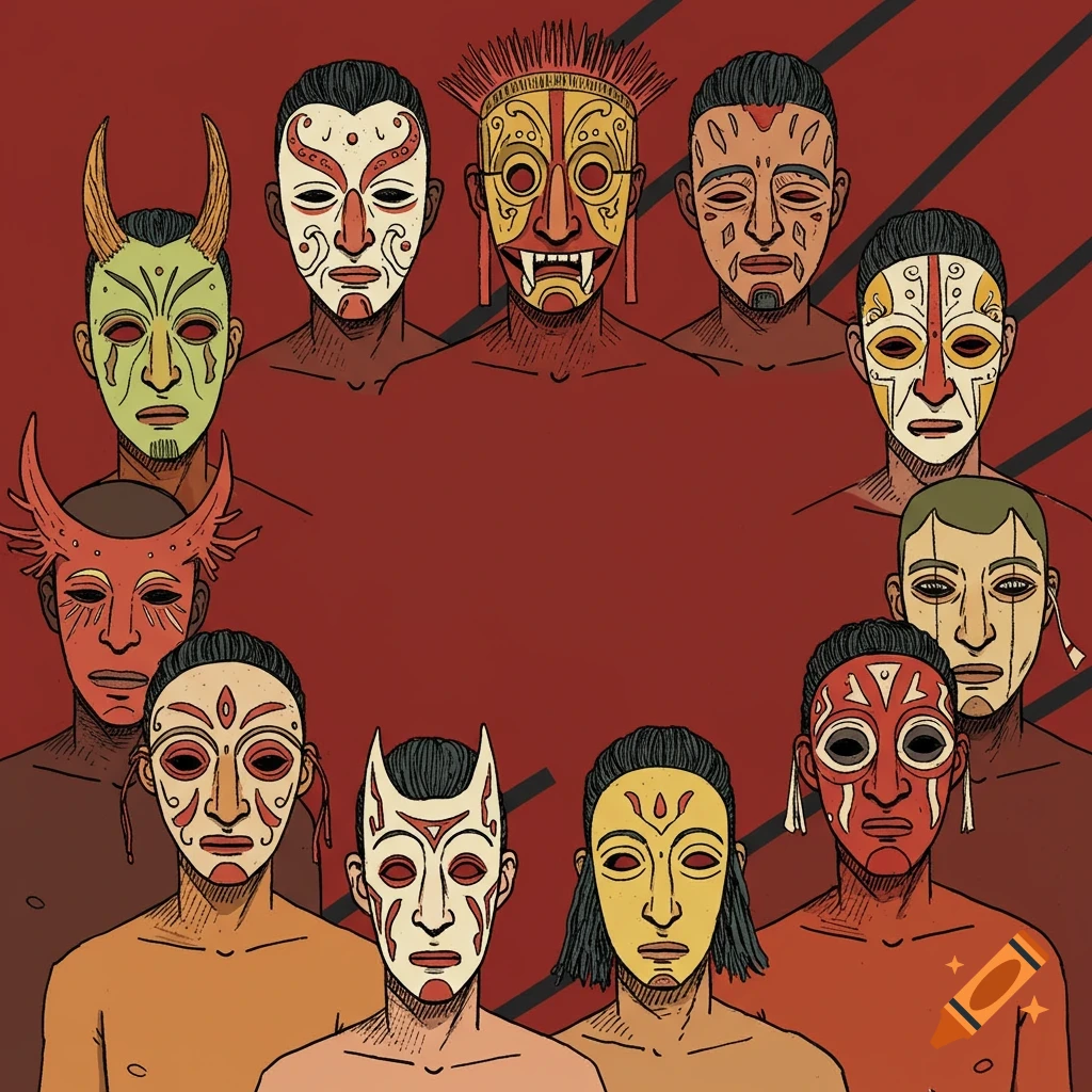 Ten figures wearing various stylized masks against a red background illustration.