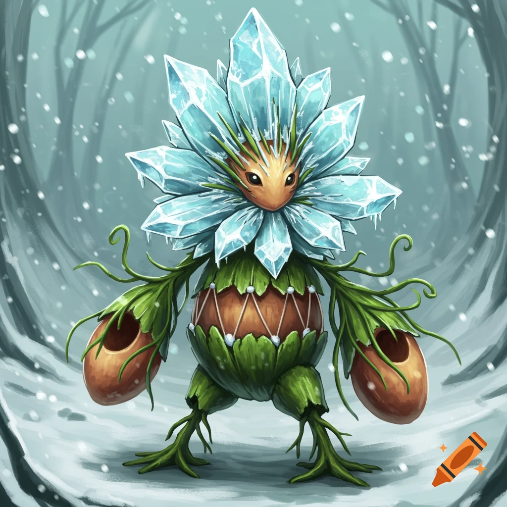 A fantasy creature made of ice crystals and plants stands in a snowy forest.