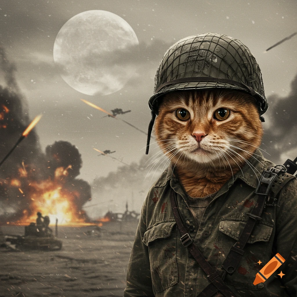 An orange cat wearing a military helmet and uniform stands in a battlefield with explosions and aircraft.