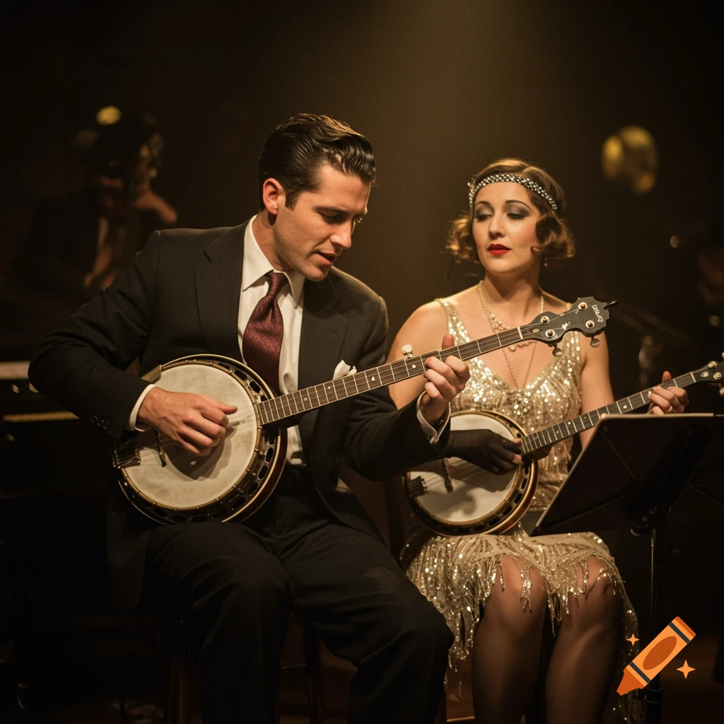 A man and woman in 1920s clothes play banjos on a stage.