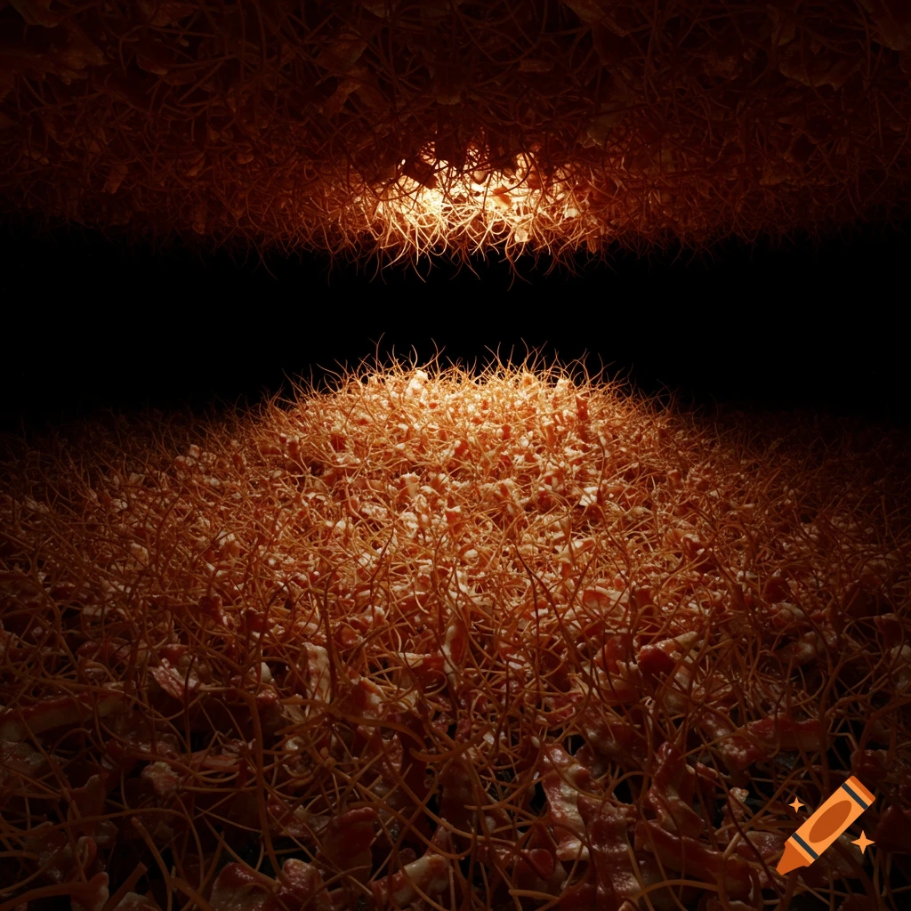 A dense, abstract mass of orange, spiky forms in a dark room, illuminated from above and the foreground.