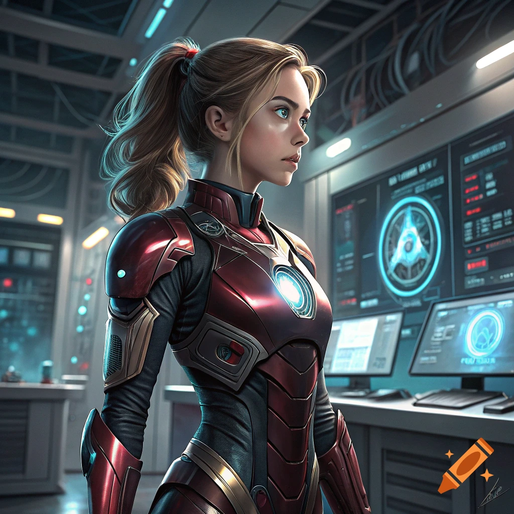 Woman in red and gold futuristic armor standing in a sci-fi lab.