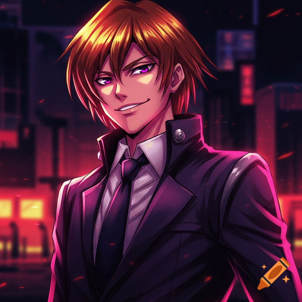 Anime portrait of a man in a dark suit smiling, with purple eyes, against a blurred city background.