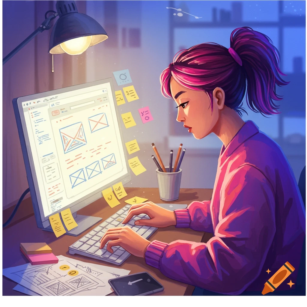 Illustrated image of a person designing a website on a computer, surrounded by sticky notes.