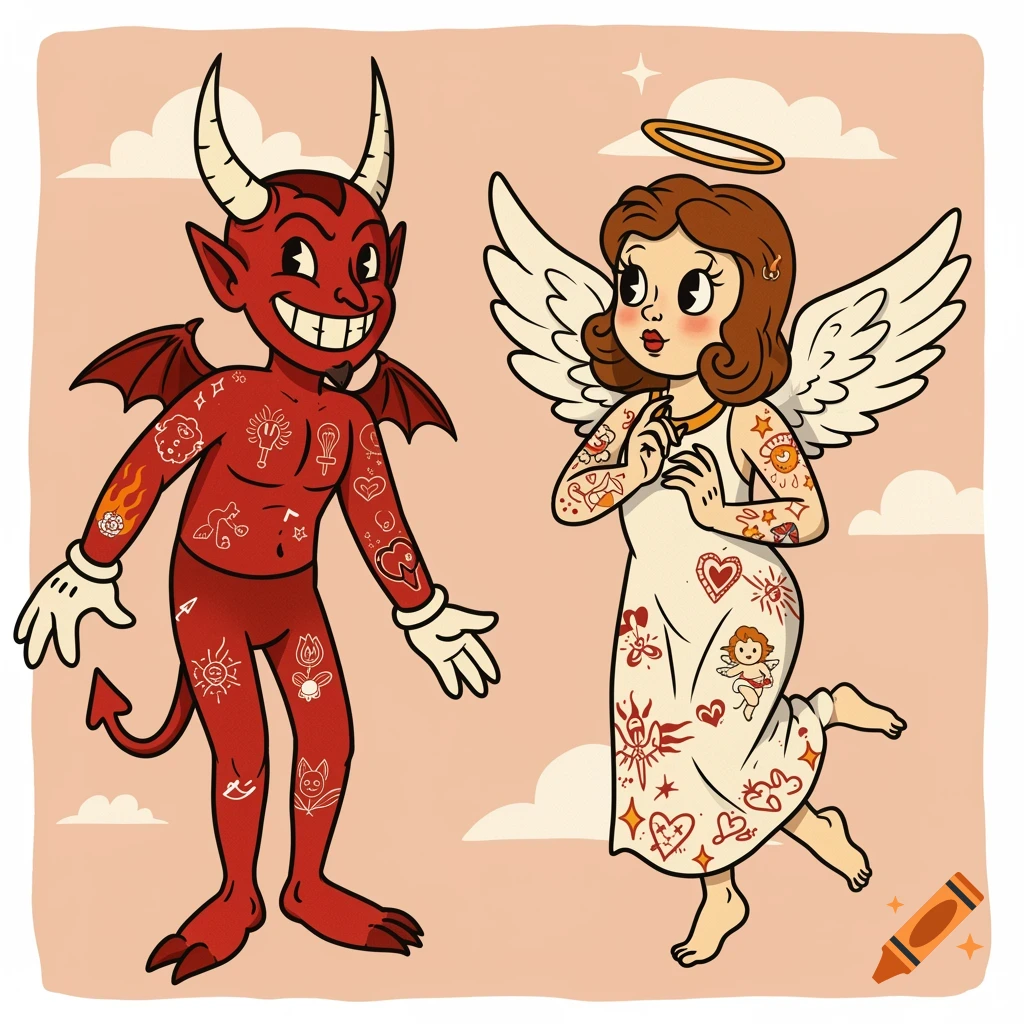 Vintage cartoon illustration of a devil and an angel with tattoos standing on clouds