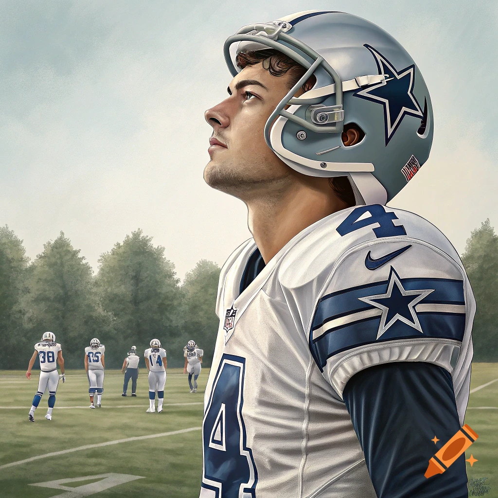 Portrait of a football player in a Dallas Cowboys uniform and helmet, looking up on the field with other players in the background.
