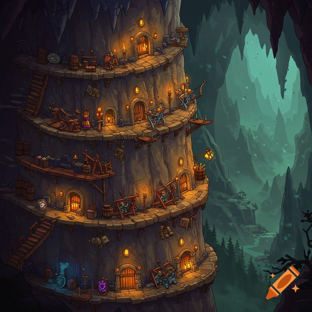 Illustrated view of a multi-level fantasy tower built into a cave wall, with stairs, platforms, doors, and small figures.
