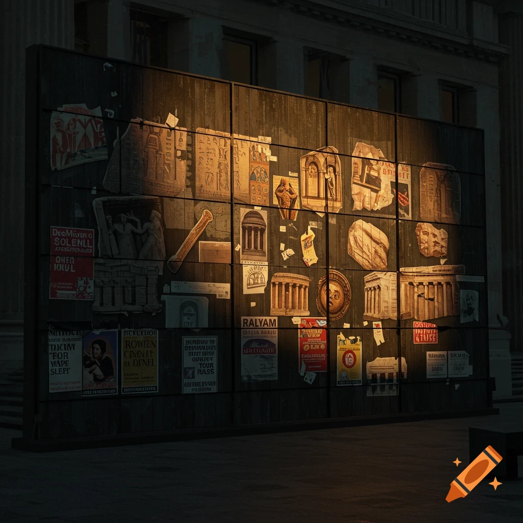 A large hoarding displaying archaeological artifacts and posters in front of a classical building at night.