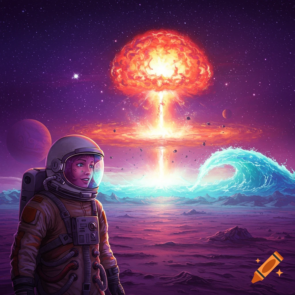 Astronaut on alien planet watching large space explosion and huge wave under starry purple sky.