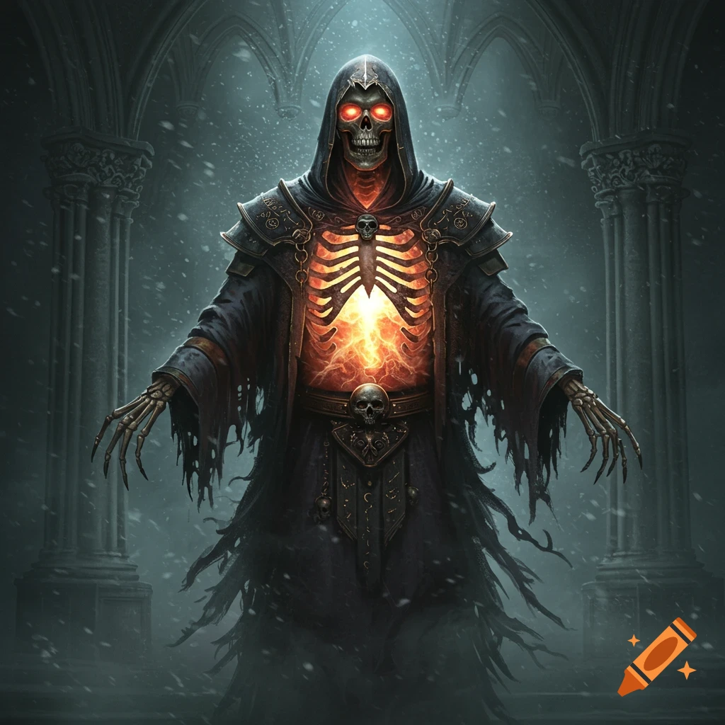 A realistic depiction of a skeletal necromancer with glowing eyes and ribcage in a gothic snowy setting.