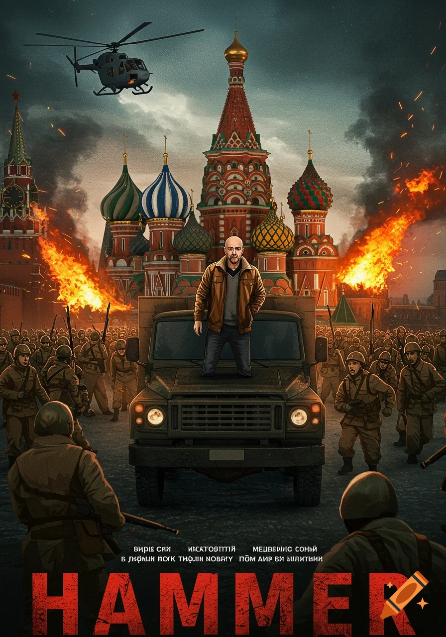 Animated movie poster of a man on a truck outside the Kremlin with soldiers, fire, and a helicopter.