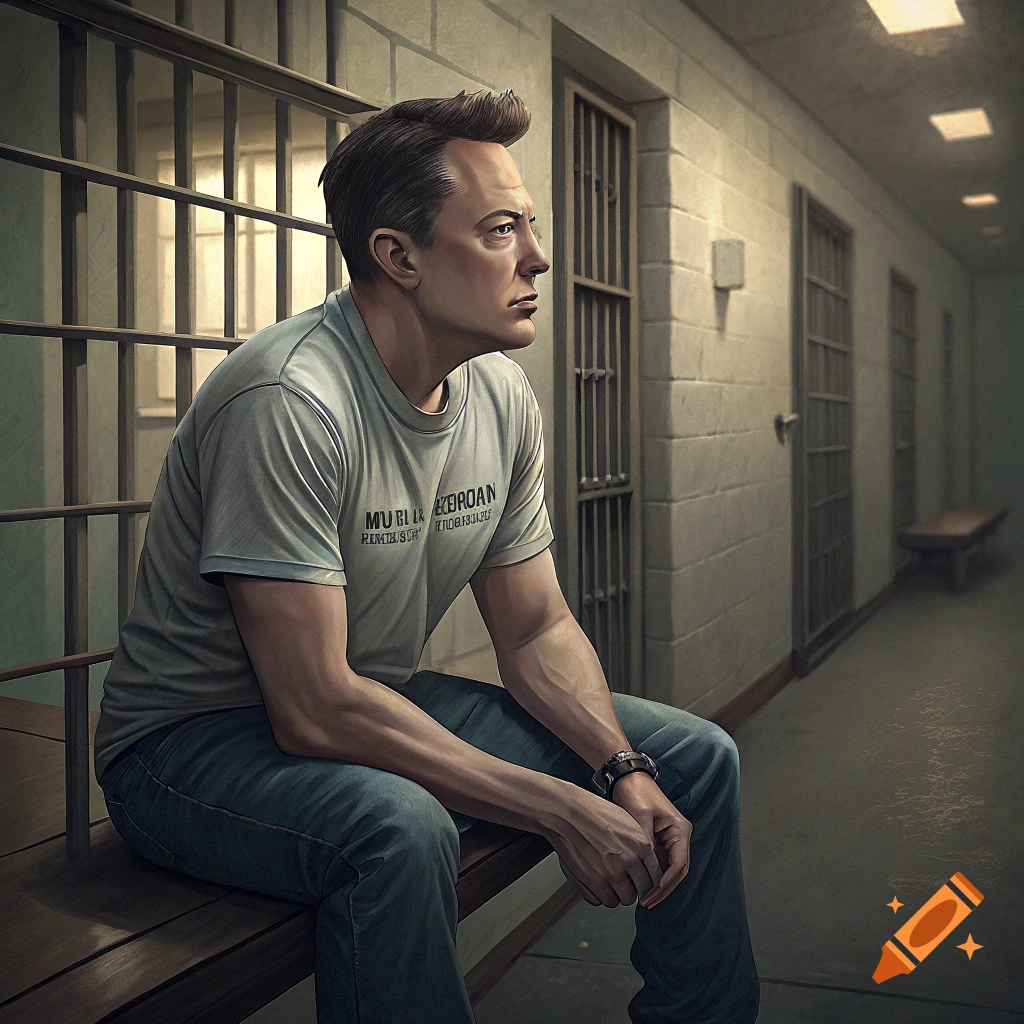 Man resembling Elon Musk sits on a bench in a prison cellblock, looking away.