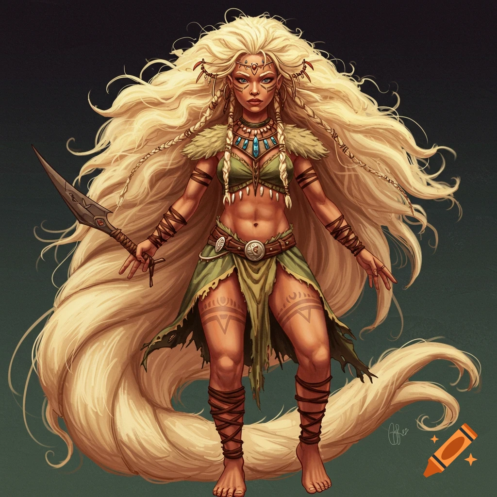 Fantasy illustration of a blonde warrior woman with long wavy hair, tribal clothing, and a knife.