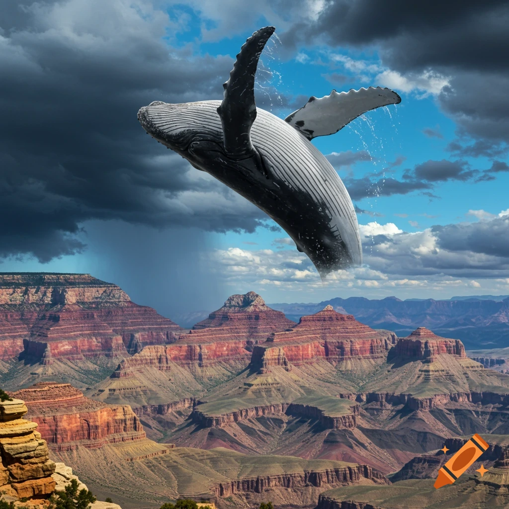 A humpback whale breaches high in the sky above the Grand Canyon with dark storm clouds, photorealistic style.